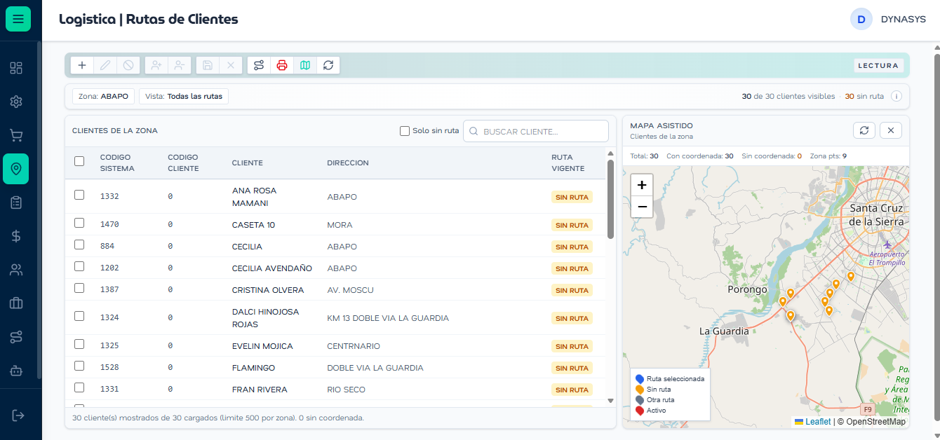 Pantalla de rutas de clientes en DiForce